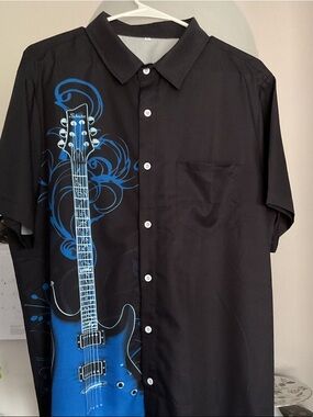 Black Short-Sleeve Shirt with Blue Guitar Graphic - Rock Print